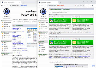 real keepass site and fake keepass site side by side comparison