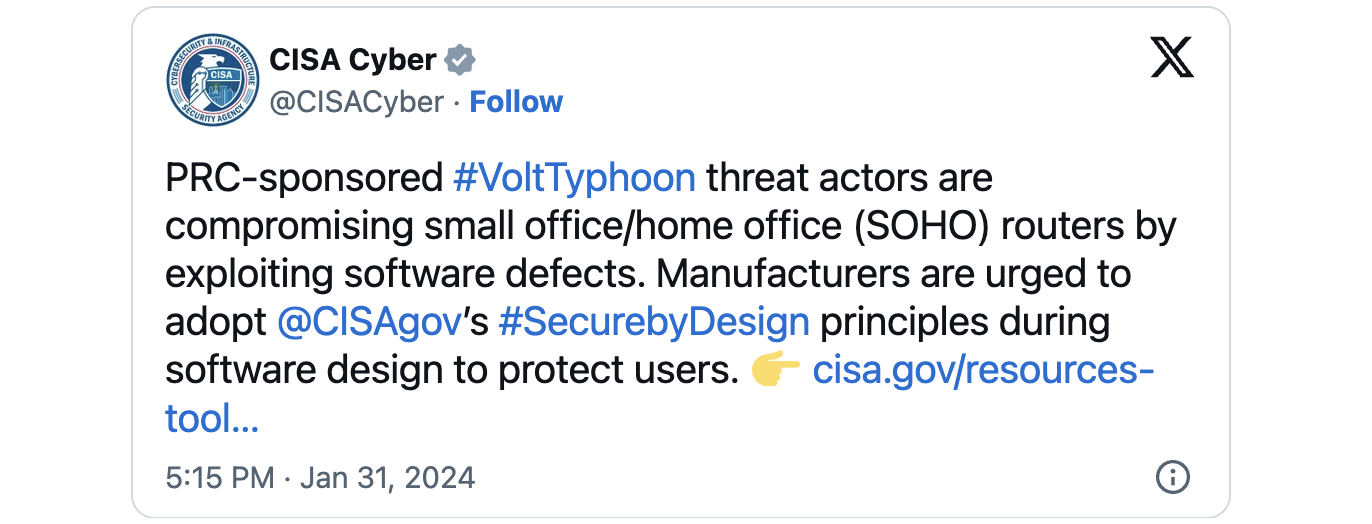 cisa tweet stating that volt typhoon compromise SOHO routers