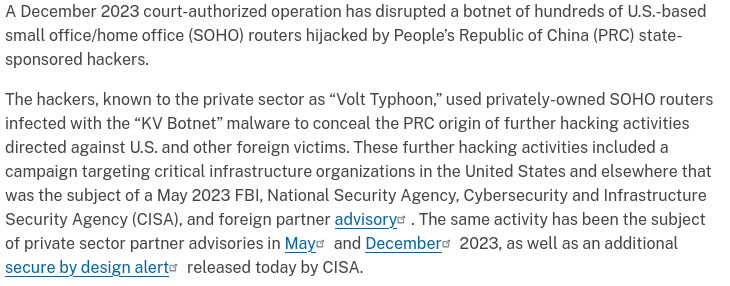 screenshot of press release excerpt from DOJ on volt typhoon botnet